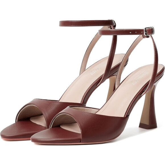Shoes - Women's Brown Tan Open Toe Strappy Block Ankle Strap Hight Heeled Sandals Shoes